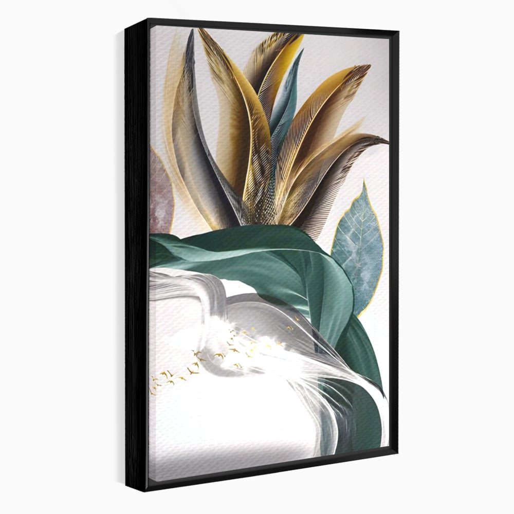 Tablou canvas cu tablou vertical cu pene si frunza, in rama de aluminiu negru